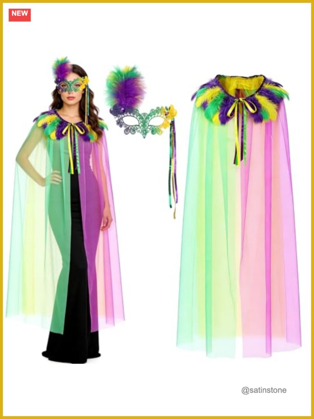 2pc Women Carnival Costume Set Feather Cape & Masquerade Mask Tulle Party